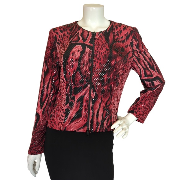 Joseph Ribkoff Shimmery Red Black Sequin Jacket - Picture 1 of 13